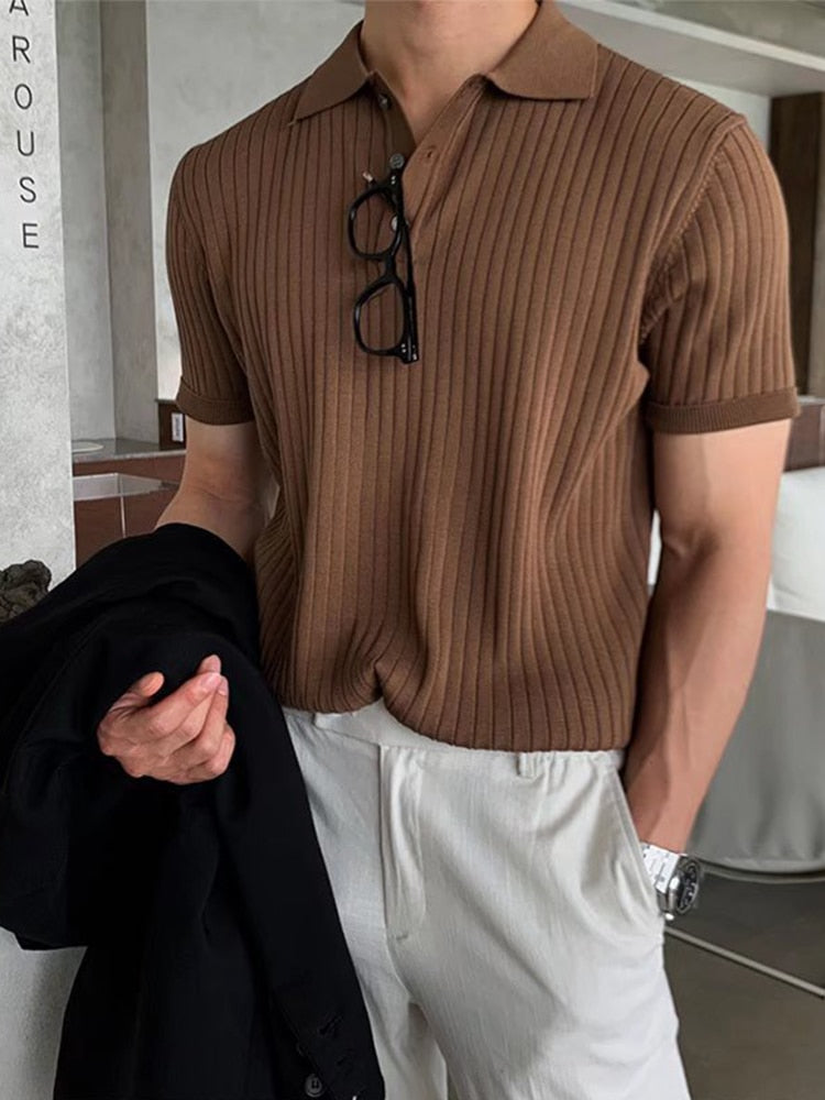 AntoniosClothing Elastic Casual Polo T-Shirt in coffee color with striped pattern, modern smart casual style.
