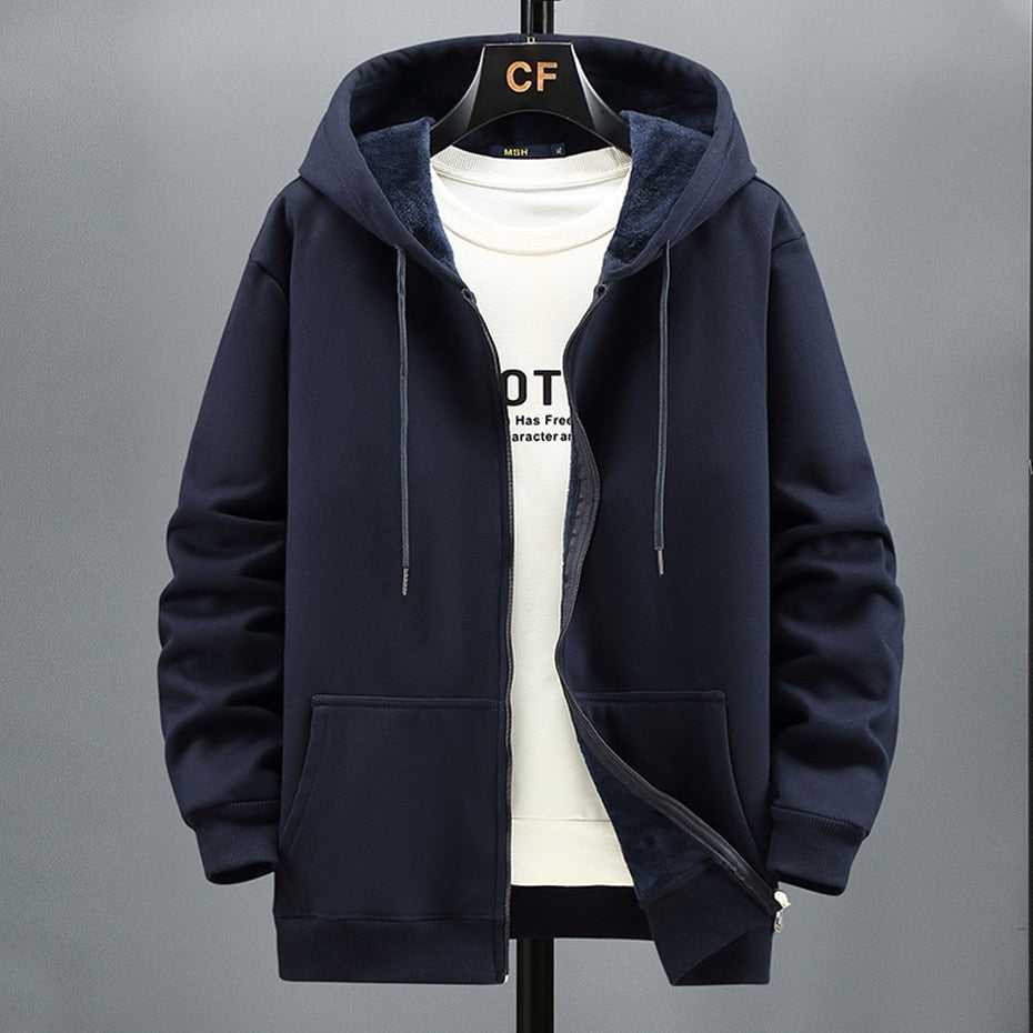 Men's navy blue hooded jacket by Antonios, made of cotton and wool, casual style for all seasons.
