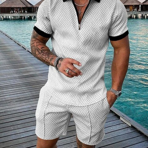 AntoniosClothing White Zip Collar Casual Summer Set 2 piece ( T-Shirt+Shorts) - Antonios