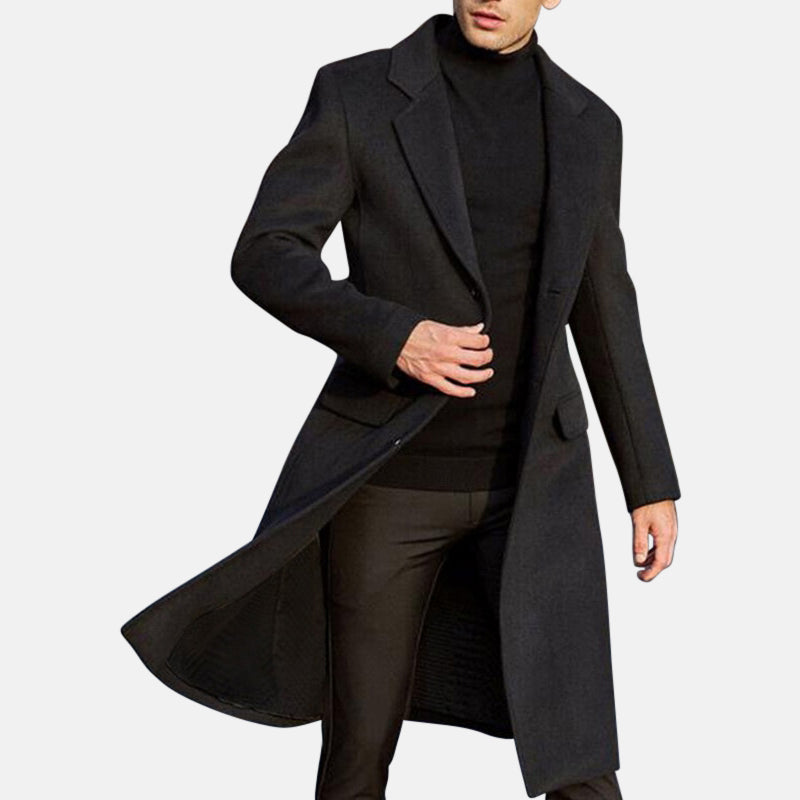 Antonios Extra Long Coat for men in solid black wool, perfect for casual and elegant styles.