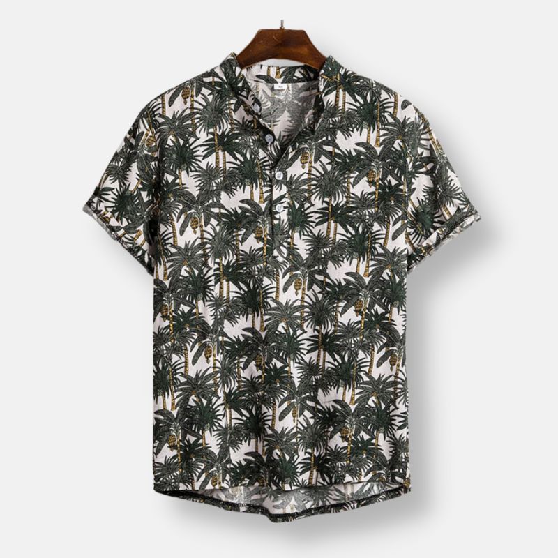 Beach Hawaiian floral print short sleeve shirt with palm tree pattern.