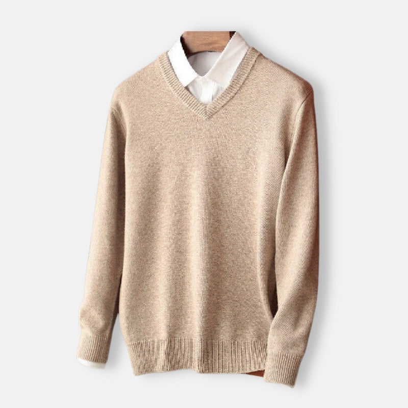 Men's V-neck wool sweater in beige, casual style.