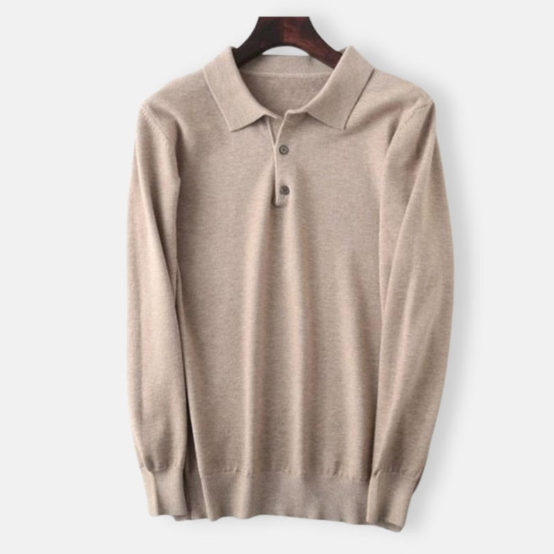 Men's beige sweater, cashmere cotton blend, casual style.