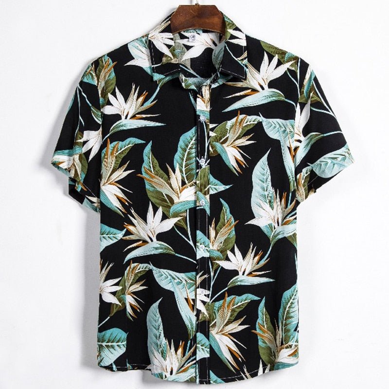Black Hawaiian Floral Print Short Sleeve Shirt - Antonios