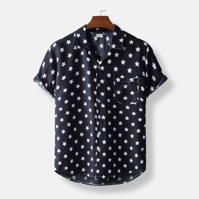 Black Hawaiian Star Print Short Sleeve Shirt - Antonios