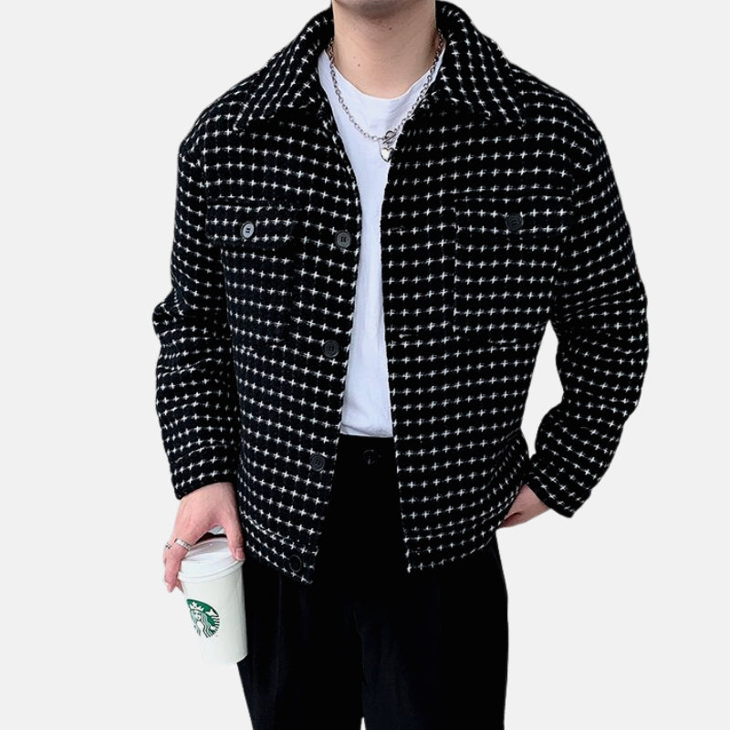 Antonios Spring Woolen Jacket, men's casual elegant wool outerwear, black and white pattern.
