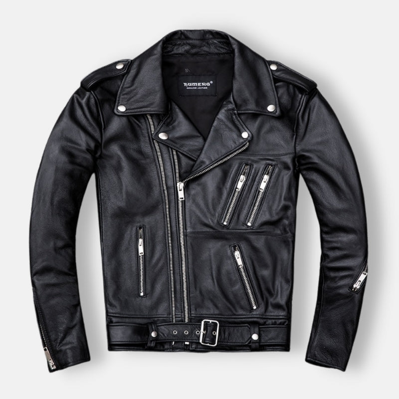 Antonios Genuine Leather Jacket, black, casual elegant style, solid pattern.