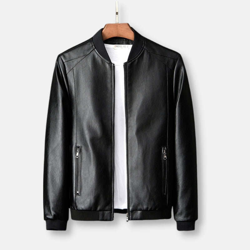 Antonios Leather Baseball Jacket in black, crafted from high-quality leather, men's casual elegant style.