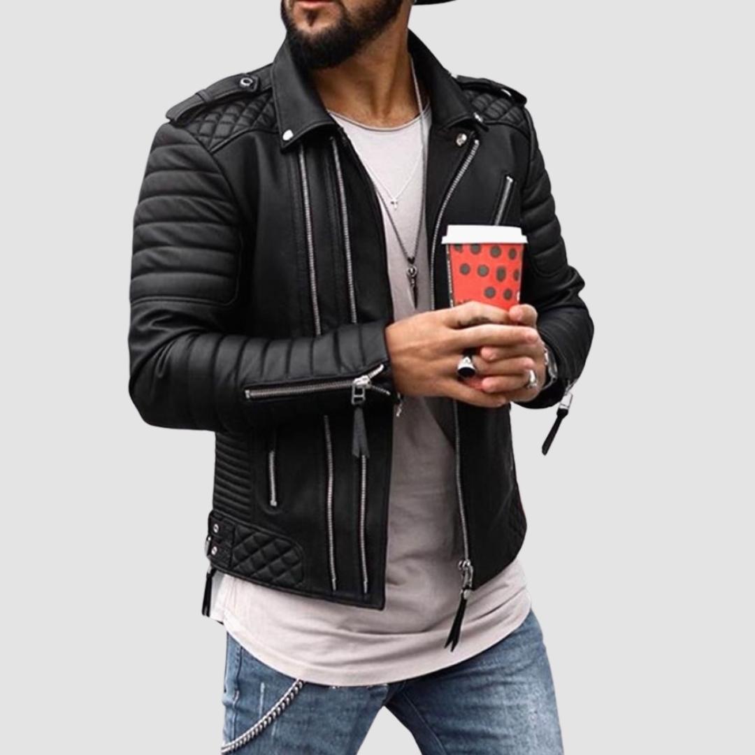 AntoniosClothing Leather Jacket in black, stylish eco-friendly design, ideal for casual streetwear.