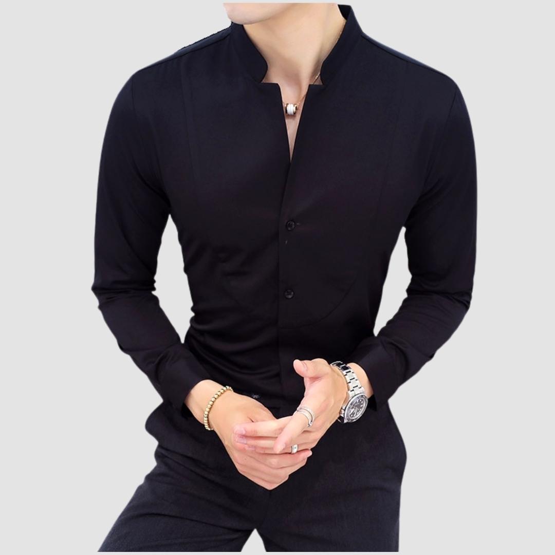 AntoniosClothing Elegant slim fit long sleeve shirt in black, smart casual style.