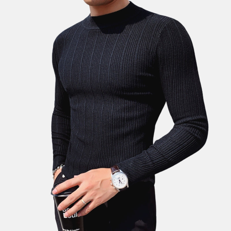 Antonios Spring Cotton Sweater in black ribbed texture, casual turtleneck design.