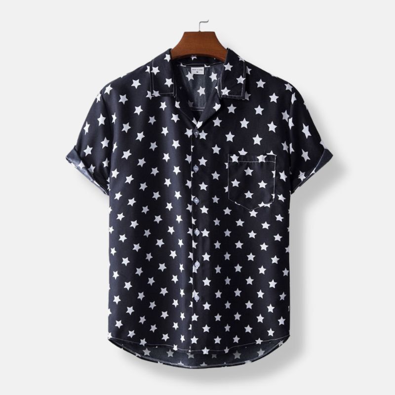 Black Hawaiian Star Print Short Sleeve Shirt with white star pattern on linen fabric.