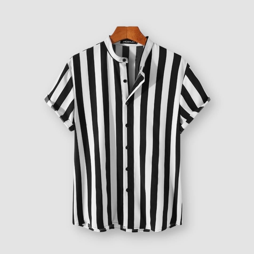 Antonios Elegant Striped Shirt, black and white design, button-down collar, short-sleeve men's summer wear.