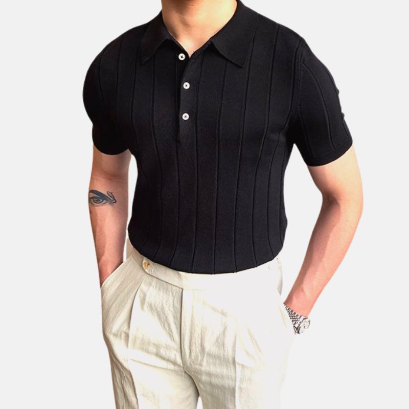 AntoniosClothing Polo Italy T-Shirt in black, slim fit, soft cotton-poly blend, short sleeve, striped pattern.