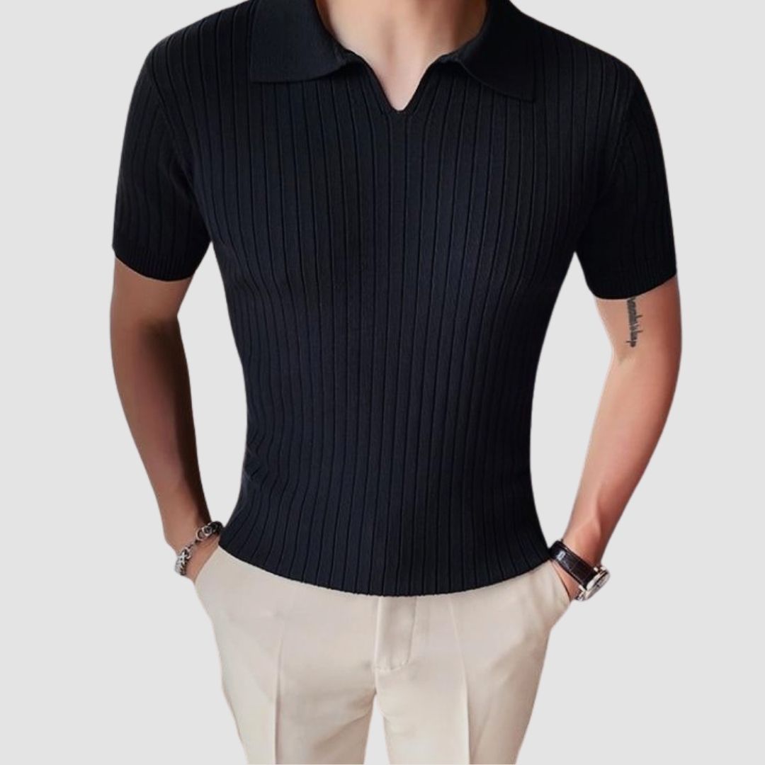Slim fit polo cotton T-shirt in black, featuring short sleeves and ribbed texture.