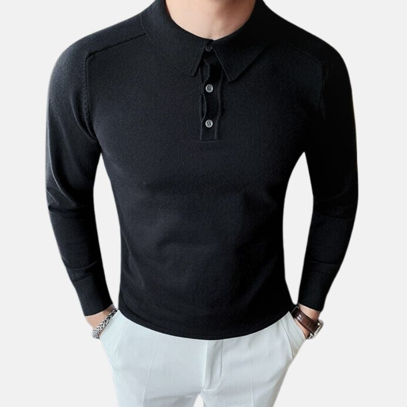 Men's black slim long-sleeved polo t-shirt, Antonios Casual Slim, 100% cotton.