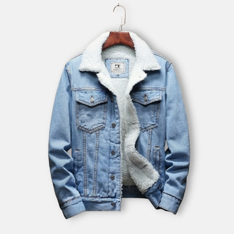 Antonio Casual Denim Jacket in blue with fur lining, 100% cotton, men's casual wear.