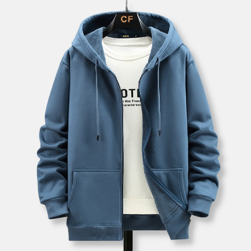 Antonios Solid Hooded Jacket Men in blue, casual cotton and wool blend, front view.