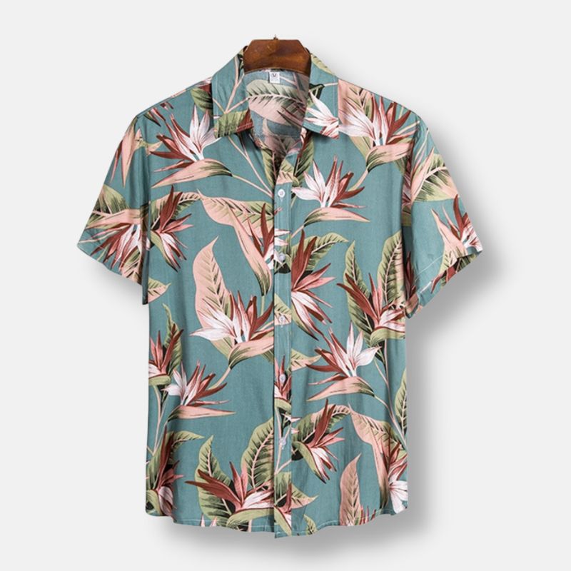 Blue Ocean Hawaiian floral print short sleeve shirt for men, casual summer style.