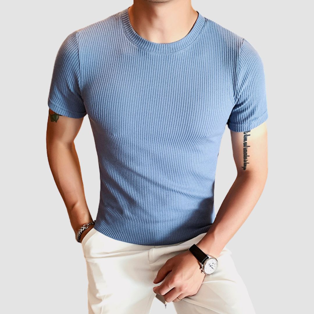 Blue Spring Slim Fit T-Shirt on model, ultra-soft 100% cotton, casual style.