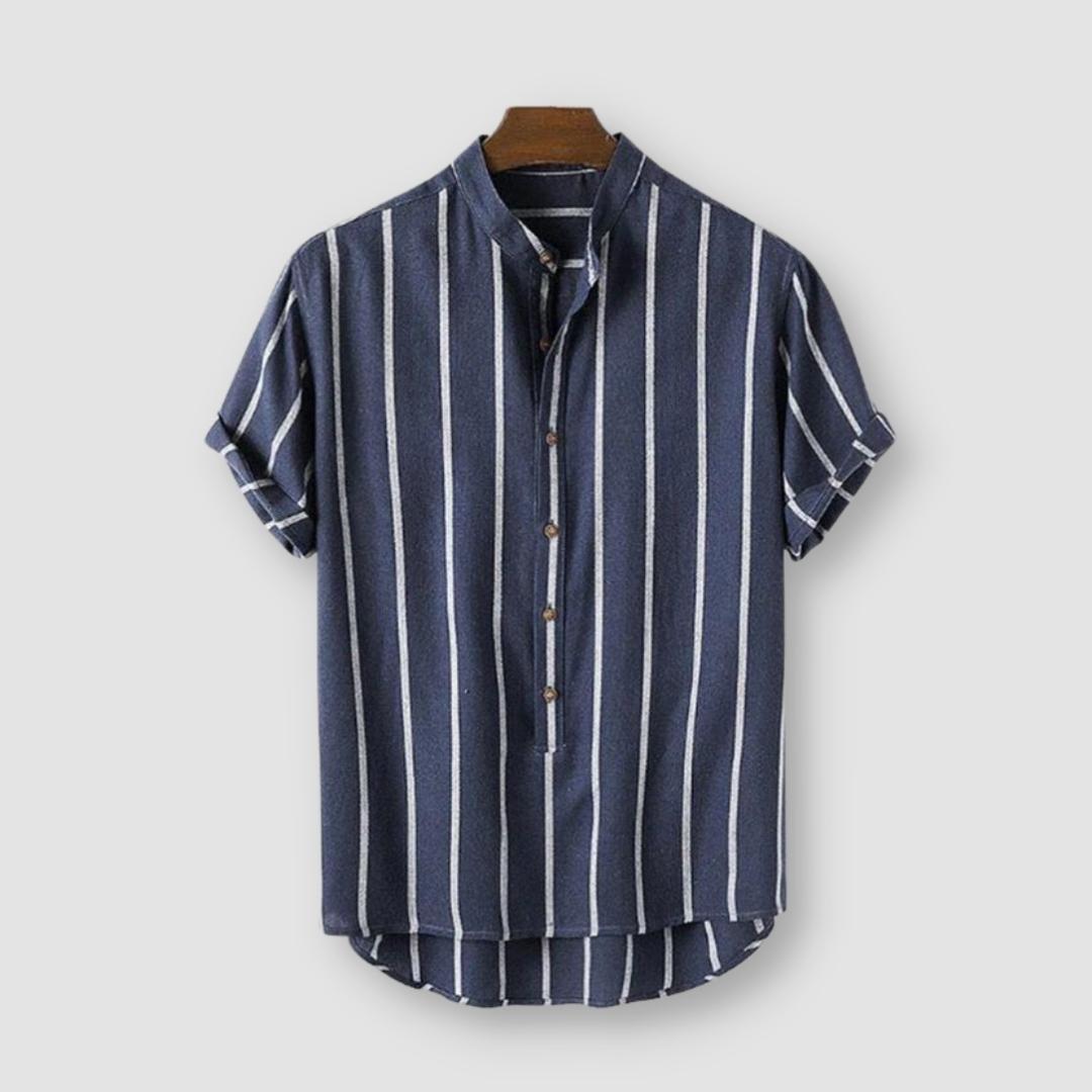 Antonios Summer Cotton Shirt in navy blue with white gradient stripes, short sleeves, button-up, smart casual style.