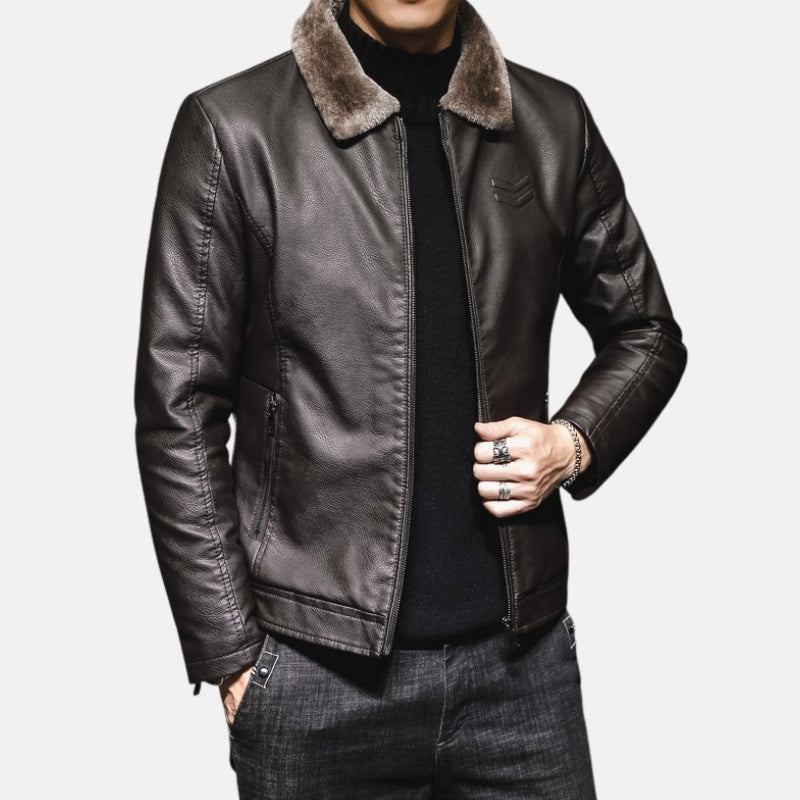 Men's stylish black leather jacket with fur collar, Antonios Combat Leather Jacket.