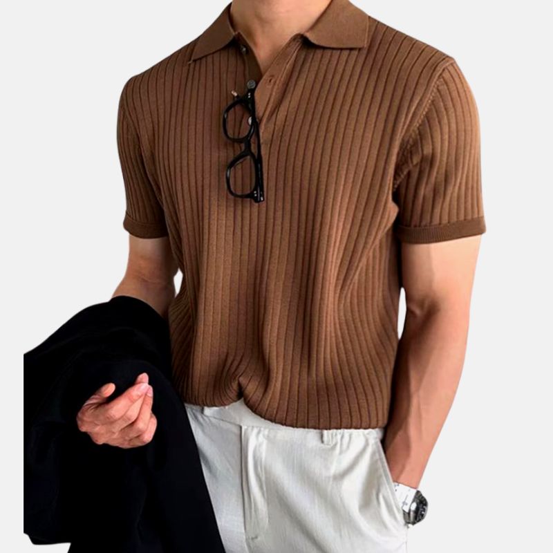 AntoniosClothing Elastic Casual Polo T-Shirt in coffee color with ribbed pattern, smart casual style.