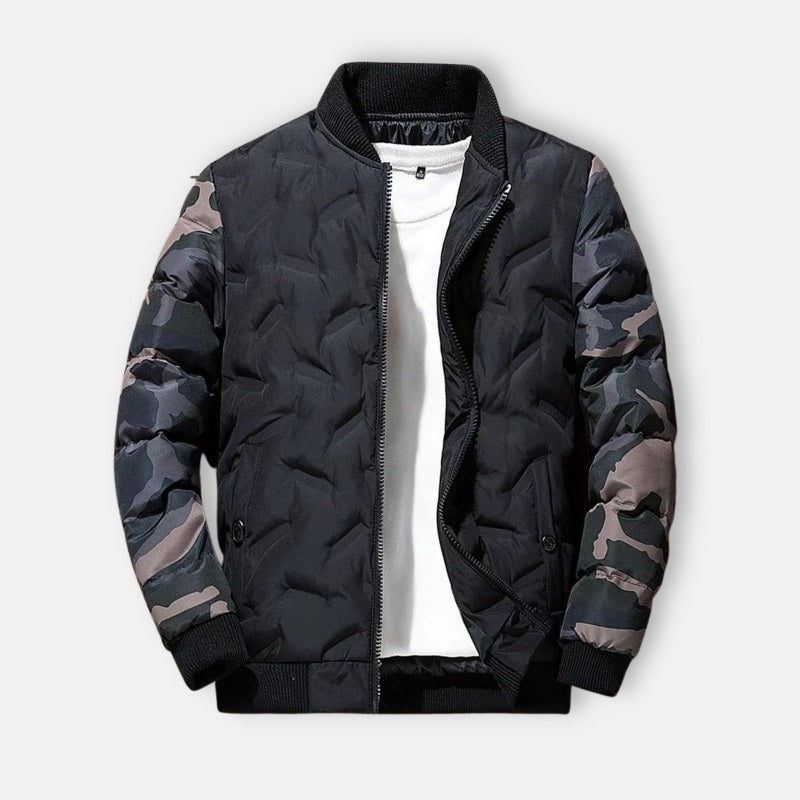 Antonios Bomber Jacket for men in black with camouflage sleeves, made from suede leather and fleece lining.