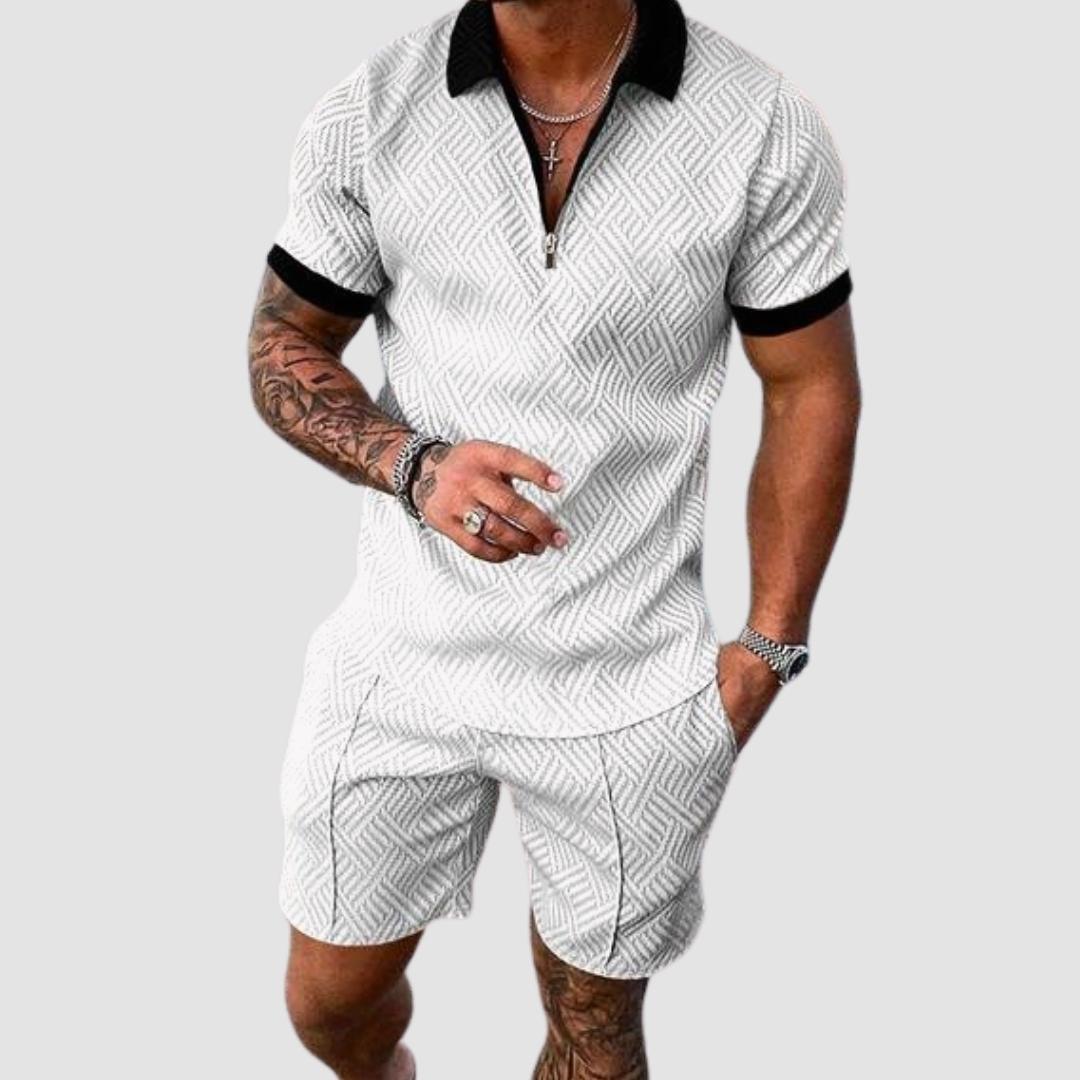 AntoniosClothing White Zip Collar Casual Summer Set for men, featuring a breathable T-shirt and shorts duo.