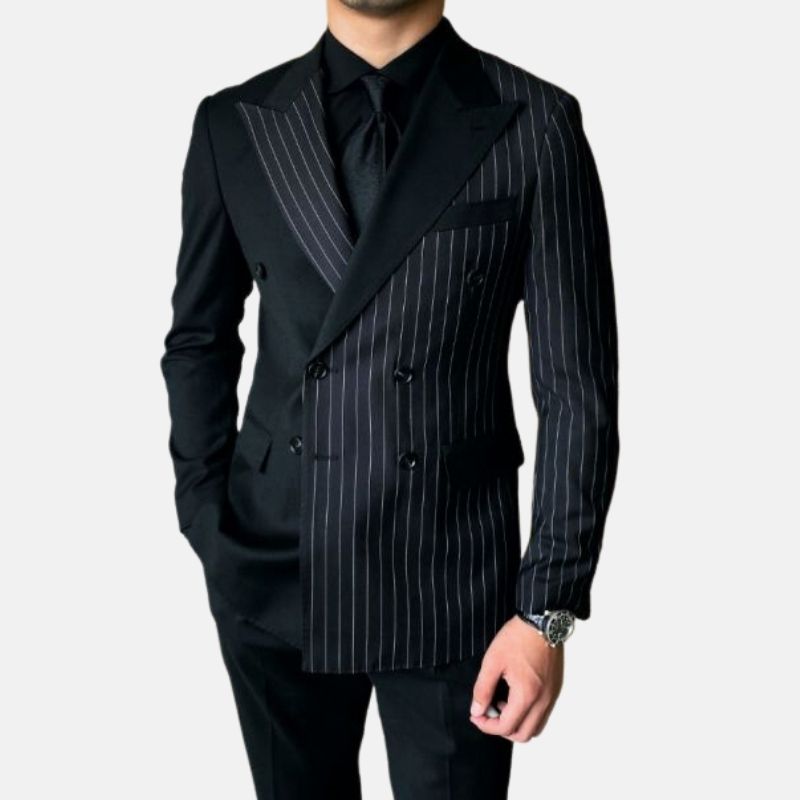 Double breasted events suit with intricate pattern, Italian style blazer and pants for formal occasions.