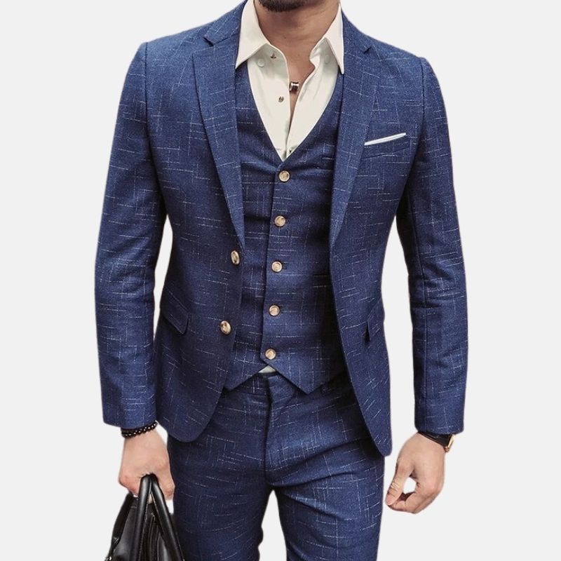 Jack Office Gentleman Suit in blue with windowpane pattern; three-piece set for modern England style.