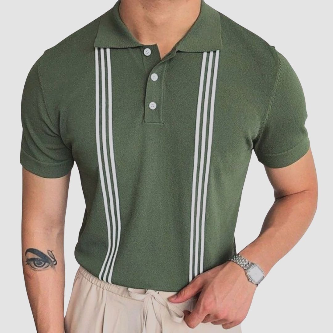 Green and white striped polo t-shirt for men, made from 100% organic cotton, ideal for smart casual summer wear.