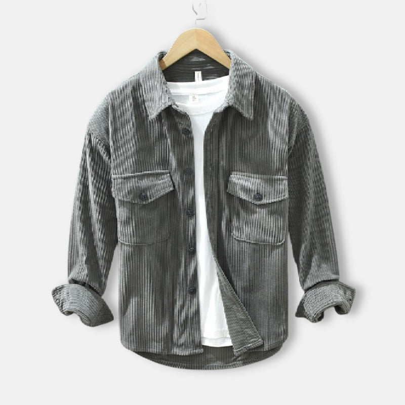 Antonios Corduroy Cotton Shirt Men in solid grey with classic collar.
