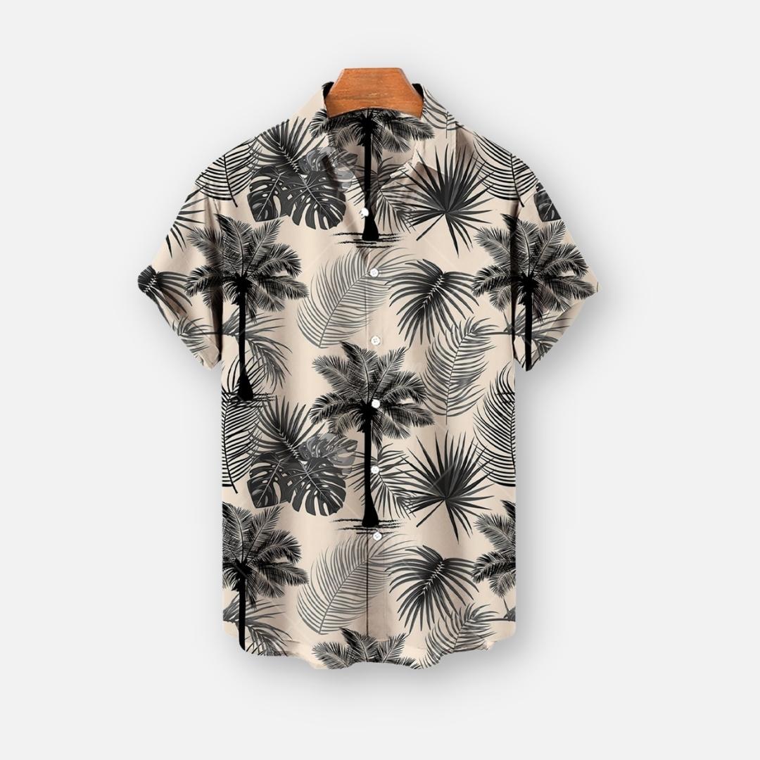 AntoniosClothing Hawaiian Summer Short-Sleeve Shirt with black tropical palm pattern on beige background, breathable and comfortable for men.