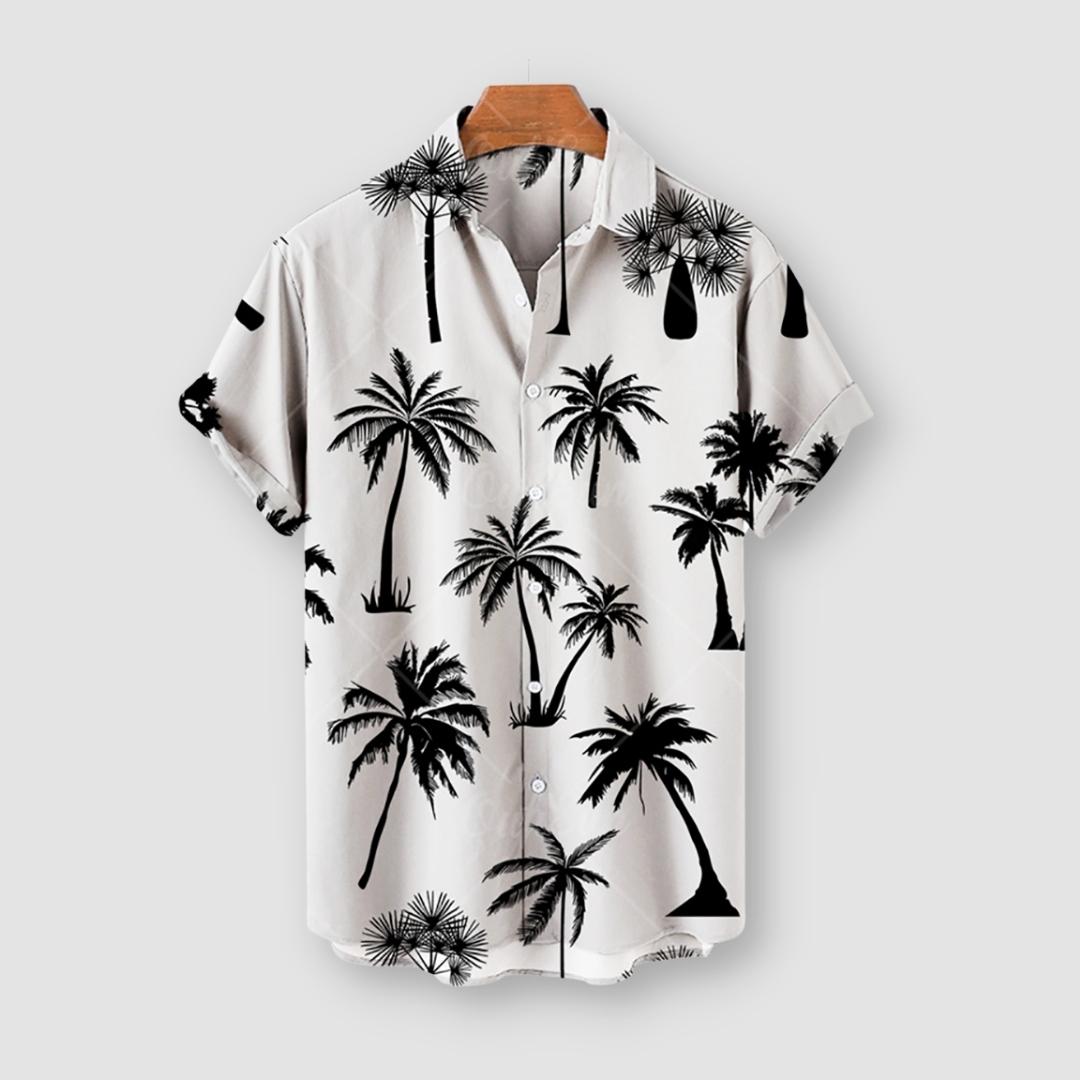Hawai Retro Shirt with palm tree pattern, short sleeves, and button-up front.