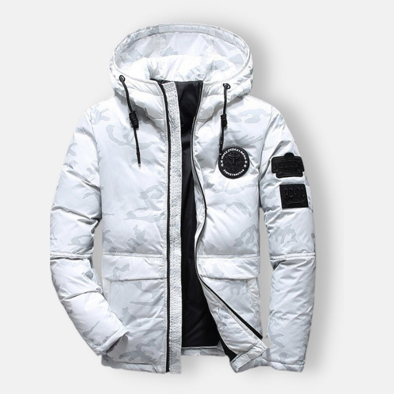 Antonios Camouflage Pattern Winter Jacket in white, 100% cotton, comfortable for cold weather.
