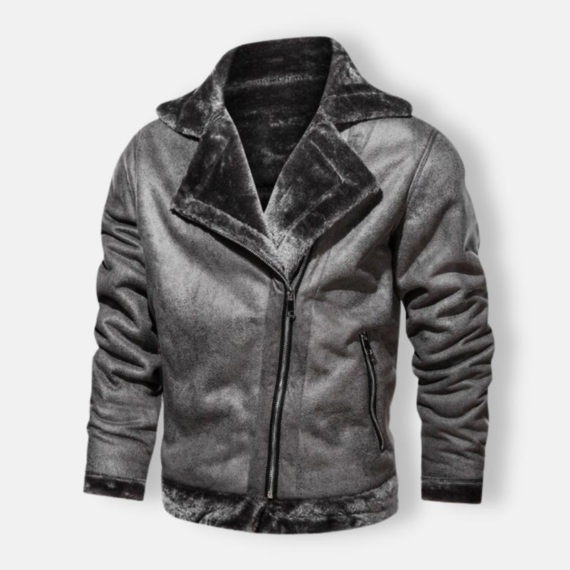 Antonios Roberto Motorcycle Jacket in grey with faux fur-lined collar.