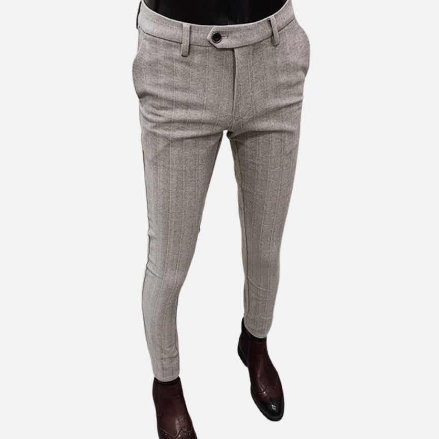 Antonio Striped Pants in light gray, full-length cotton trousers styled for casual and formal occasions.