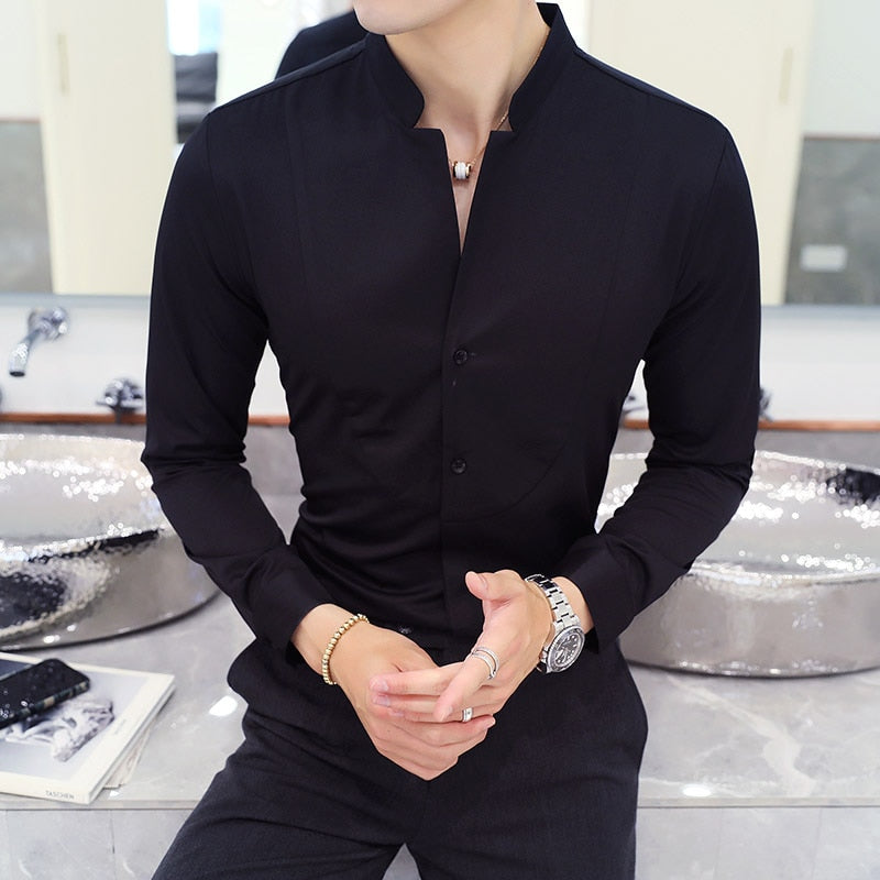 Elegant slim fit long sleeve shirt by AntoniosClothing, smart casual style in solid black, made of cotton and nylon.