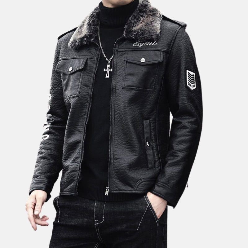 Antonios Casual Leather Jacket for men with faux fur collar in black.