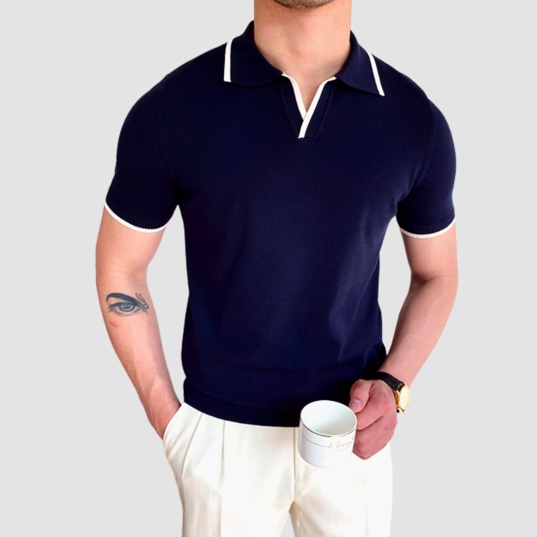 Dune Cotton Polo T-Shirt in Navy Blue, organic cotton, solid pattern, men's summer fashion.