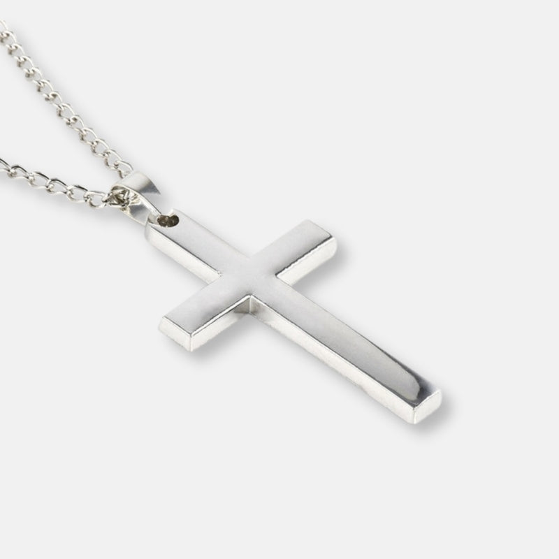 Stainless steel cross necklace for men with polished silver finish.