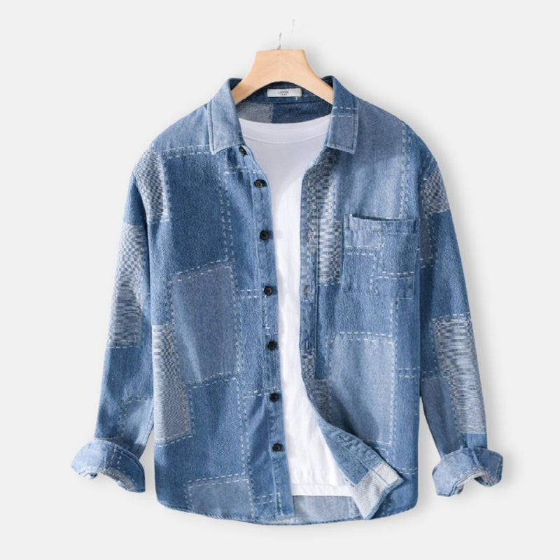 Antonios Long Sleeve Denim Shirt Men with patchwork pattern and classic collar.