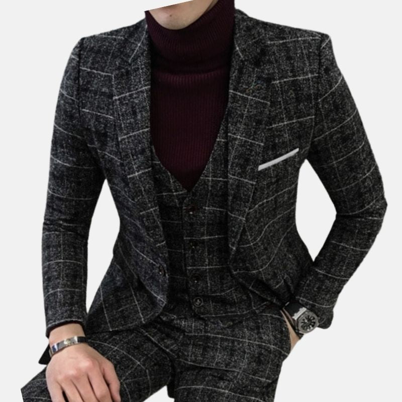 Duncan Formal Suit, 3 piece, plaid pattern, high-quality fabric, tailored fit.