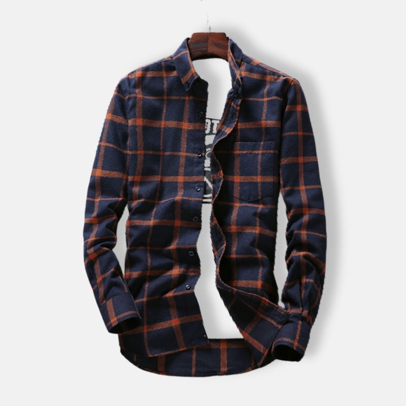 Antonios Long Sleeve Oxford Shirt for Men in navy with orange plaid pattern.