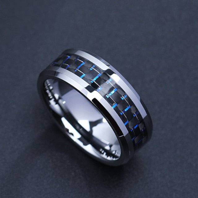Antonios Fiber Stainless Steel Ring for men with brushed titanium finish and blue accents.