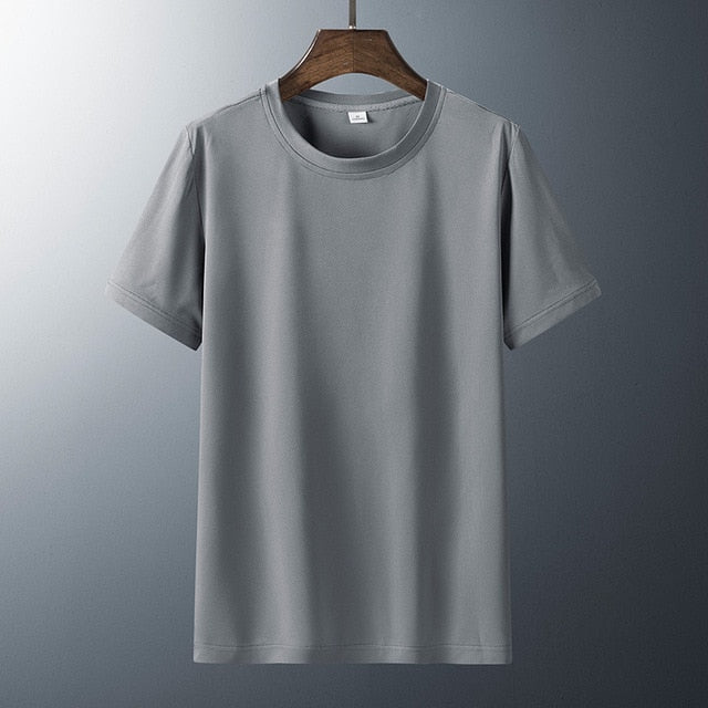 Gray minimalist t-shirt in 100% organic cotton on hanger.