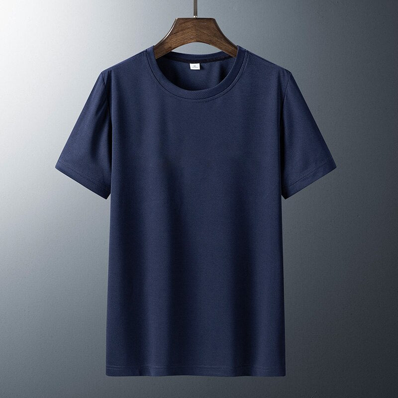 Navy blue minimalist t-shirt on a hanger, made of organic cotton.
