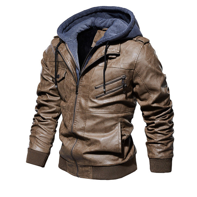 Antonios Leather Italian Jacket for men in brown, featuring a casual style with a zip-up design and hood.