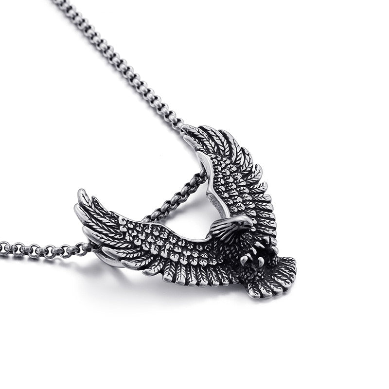 Antonios Eagle Pendant Stainless Steel Necklace with eagle design, offering style in various finishes like silver, gunmetal, black, and brushed steel.